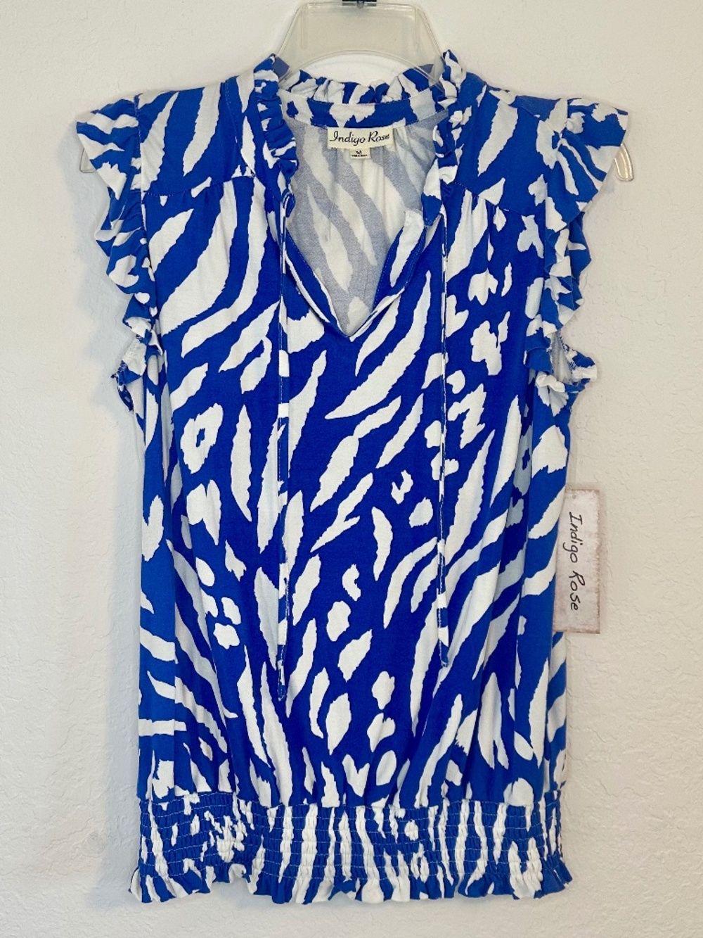 Indigo Rose Blue and White Zebra Print Sleeveless Blouse NWT, Size M